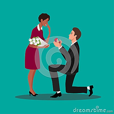Young guy on knees proposing young beautiful girl for marriage Vector Illustration