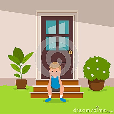 Boy sitting in front of the house looking bored Vector Illustration