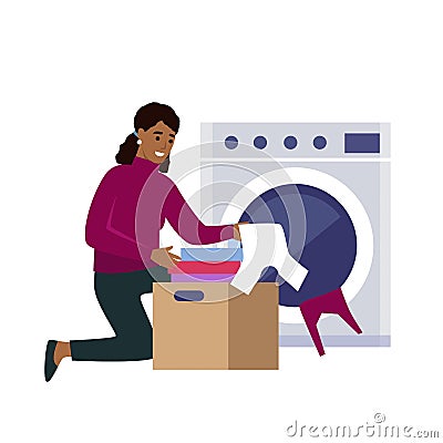 African american Woman doing laundry at home Vector Illustration