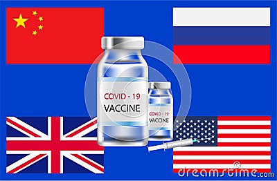 Coronavirus vaccine against the background of flags of leading countries. Coronavirus in the world. A tool to fight coronavirus ar Vector Illustration