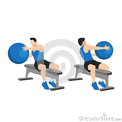 Man doing fitness workout, practicing abs exercise with med ball at gym Vector Illustration