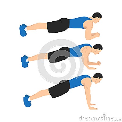 Man doing plank to push ups movement. walking plank up-downs. Vector Illustration