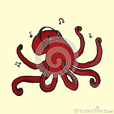 Red hand-drawn octopus listening to music Vector Illustration