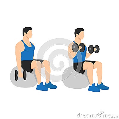 Man doing exercise Swiss ball bicep curls with dumbbell. Vector Illustration