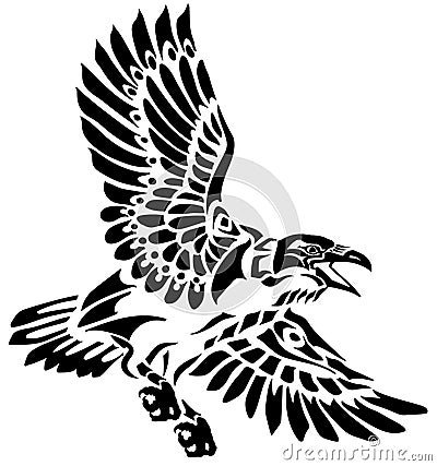 Raven native indian totem. Black and white tattoo Vector Illustration