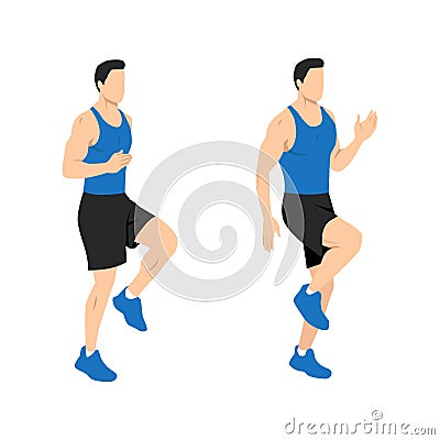 Man doing high knees. Front knee lifts. Run. and Jog on the spot exercise. Vector Illustration