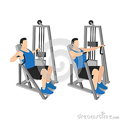 Hammer strength machine. Seated chest press exercise. Vector Illustration