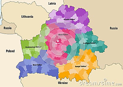 Vector map of Belarus regions colored by administrative districts with neighbouring countries and territories Vector Illustration