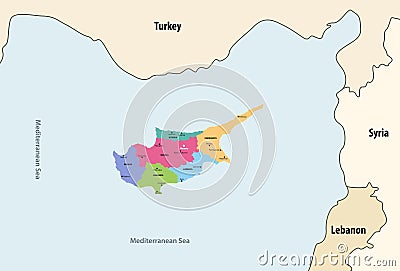 Cyprus regions vector map with neighbouring countries and territories Vector Illustration