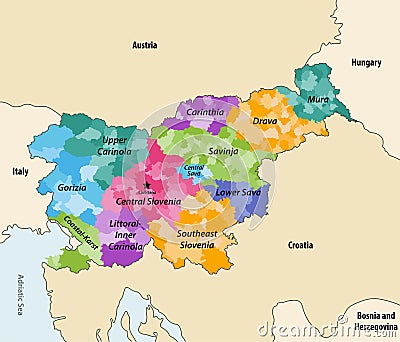 Municipalities of Slovenia colored by statistical regions vector map with neighbouring countries and territories Vector Illustration