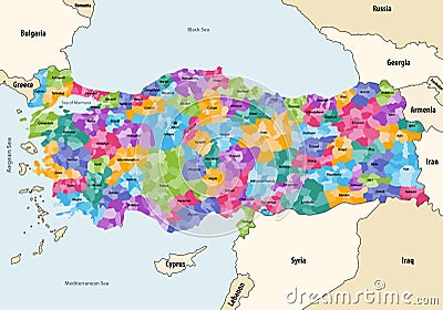 Turkey distrcts colored by provinces vector map with neighbouring countries and territories Vector Illustration