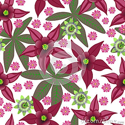 Seamless floral pattern. Passion flowers and magenta flowers on white background. Vector Illustration