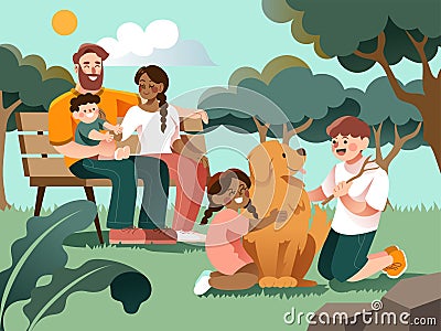 Family active holidays parents kids and dog in summer park. Vector Illustration