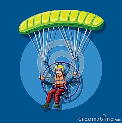 Powered paragliding, man fly in parachute with engine concept in cartoon illustration vector Vector Illustration