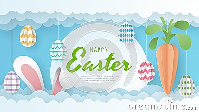 Happy Easter background with eggs, carrot, dan bunny. Paper Art. Vector Illustration