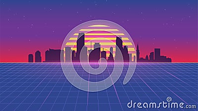 Retro 80s illustration with rising sun and miami skyline Cartoon Illustration