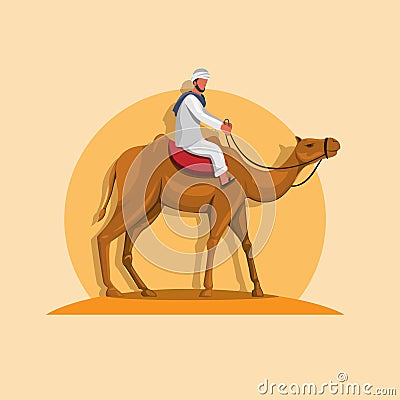 Arabic man riding camel in sand middle east asia tourist attraction concept cartoon illustration vector Vector Illustration