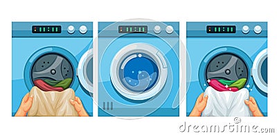 Washing machine instruction. dirty and clean cloth scene illustration vector Vector Illustration