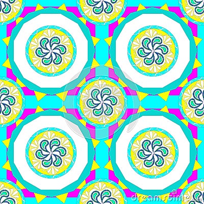 Seamless colourful pattern. Summer pattern in retro style, pink, yellow, blue, white colour. Vector. Vector Illustration