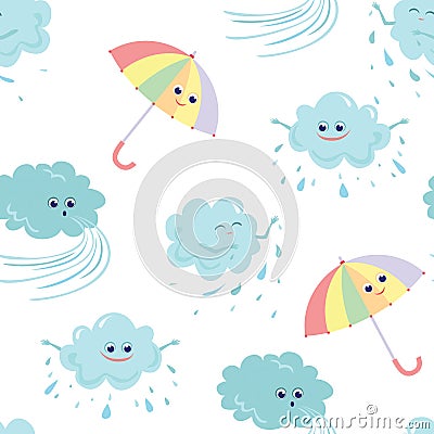 Funny cartoon rainy clouds, wind and umbrellas seamless pattern. Baby background Vector Illustration