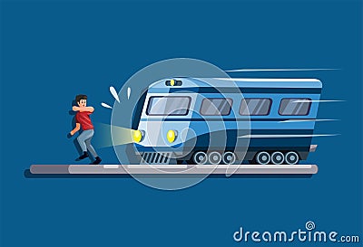 Man running avoiding being hit by a train scene concept in cartoon illustration vector Vector Illustration