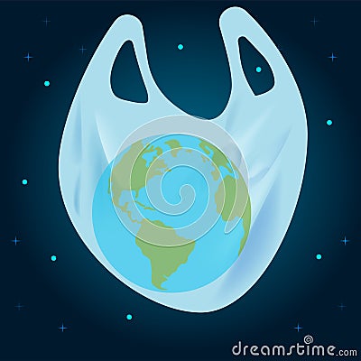 International plastic bag free day. Earth in plastic bag on cosmic background. Vector banner Stock Photo