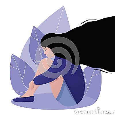 Girl in depression sitting alone on floor. Sad teenage girl sitting and thinking. Depressed girl alone isolated Cartoon Illustration