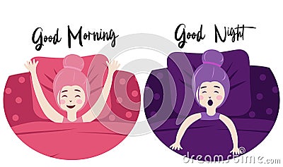 Little girl wake up in bed at morning happy and smiling, good morning concept. Girl preparing to sleep at night in her bed in pija Stock Photo