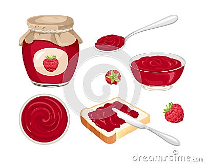 Raspberry jam set. Confiture spread on piece of toast bread, knife, glass jar with jelly, spoon, bowl Vector Illustration