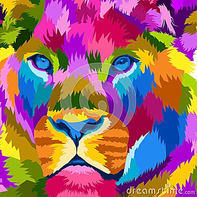 Close up colorful face lion pop art portrait isolated decoration Vector Illustration