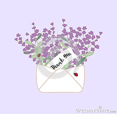 Vintage open envelope with hand drawn lavender flowers and ladybug with quote thank you. Vector Illustration