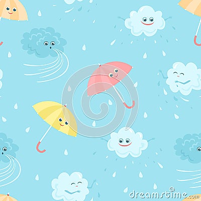 Funny cute clouds, smiling colored umbrellas, wind and rain seamless pattern. Vector Illustration