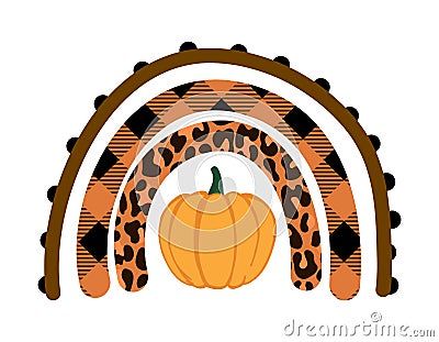 Autumn colored rainbow with pumpkin and lumberjack, leopard pattern Vector Illustration