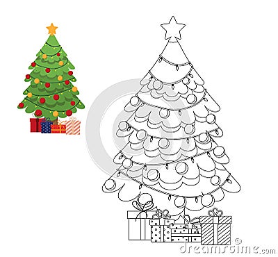 Christmas tree with decorations and gifts. Greeting card concept. Vector Illustration