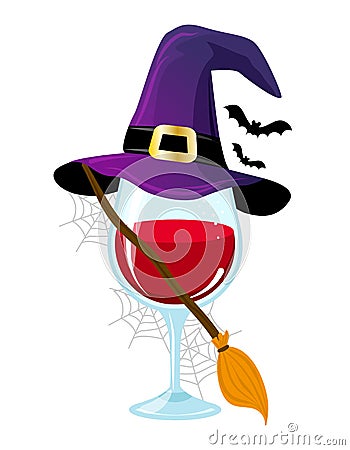 One glass on Wine in witch costume. - red wine with witch hat, broomstick and bats. Vector Illustration