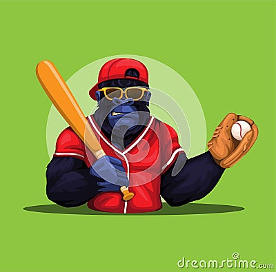 Gorilla Monkey Baseball Player costume holding bat and ball mascot character illustration vector Vector Illustration