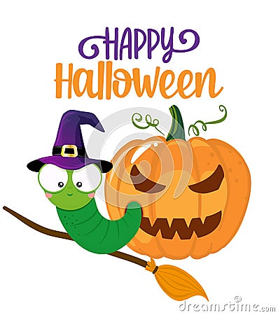 Happy Halloween, cute worm in pumpkin - funny Maggot Witch. Vector Illustration