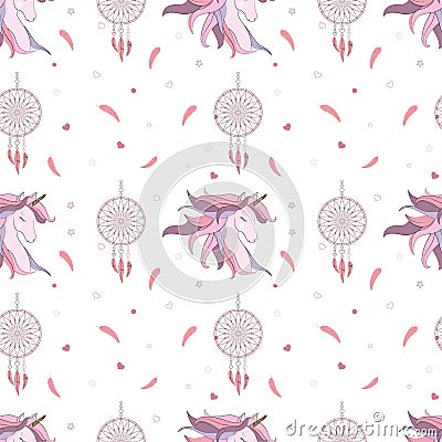 Seamless pattern with hand drawn unicorn, dream catcher, hearts, stars and feathers. Vector Illustration