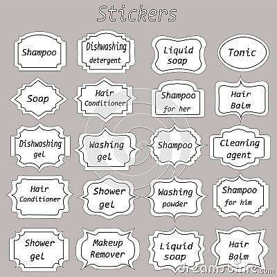 Stickers on a white background and transparent for sticking to bottles, containers, cosmetics, shampoos, cleaning products. Isolat Vector Illustration
