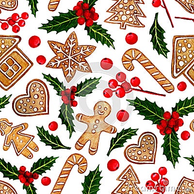 Watercolour Christmas pattern, red berries, Christmas cookies, white background. Cartoon Illustration