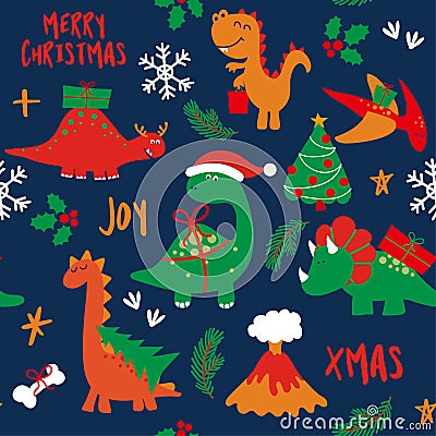 Cute christmas dinosaurs - Adorable t rex and tricerotops characters. Vector Illustration