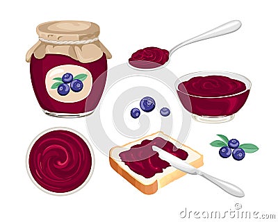 Blueberry jam set. Vector sandwich with homemade berry marmalade, knife, glass jar with jelly, spoon and bowl Vector Illustration