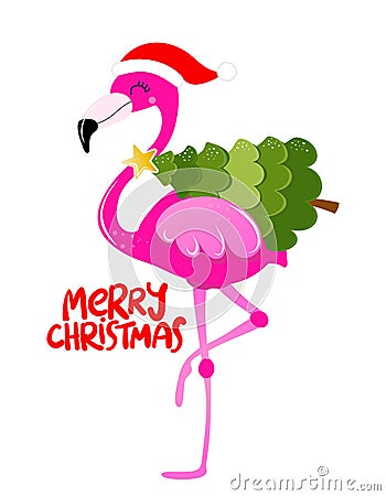 Merry Christmas - Calligraphy phrase for Christmas with cute flamingo girl. Vector Illustration