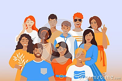Multicultural team,friends. Unity in diversity. People of different nationalities. Vector Illustration