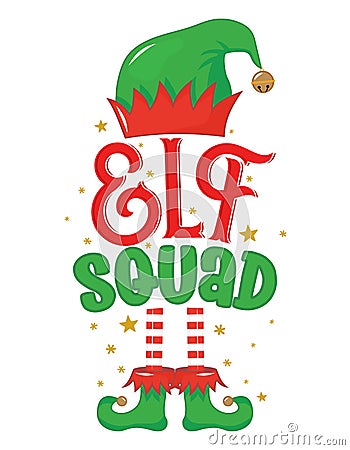 Elf Squad - phrase for Christmas baby, kid clothes or ugly sweaters. Vector Illustration