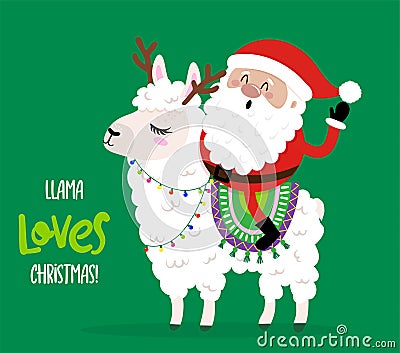 Llama loves Christmas - santa rides a llama. Vector Illustration