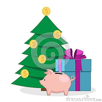 Cartoon piggy bank, Christmas tree with coins and big gift box Vector Illustration