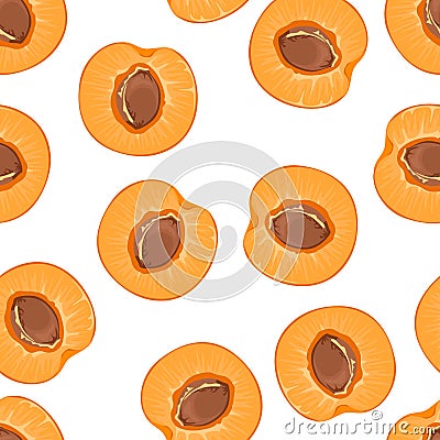 Apricots seamless pattern. Orange fruit halves with kernel. Food background. Vector Illustration