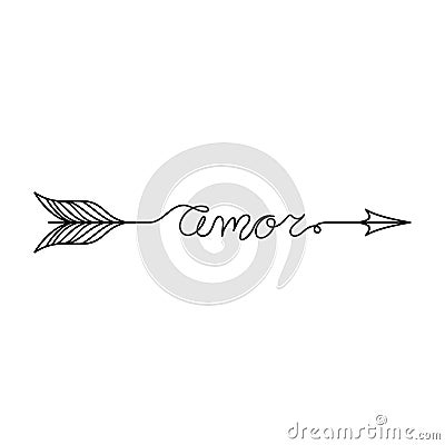 Continuous One Line lettering amor love in Spanish in the form of an arrow. Vector illustration for poster, card, banner valenti Vector Illustration