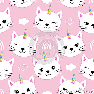 Cute white cat faces with unicorn hors - funny doodle, seamless pattern. Vector Illustration